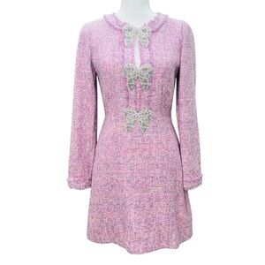 SALONI Pink Tweed Long-Sleeve Mini Dress with Bow Trim